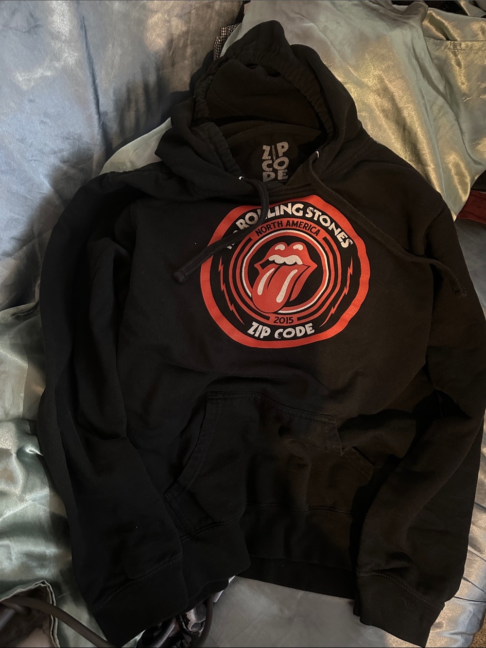 REAL Rolling Stones Black Zip Code Graphic Hoodie w Red Tongue L fits like S/M
